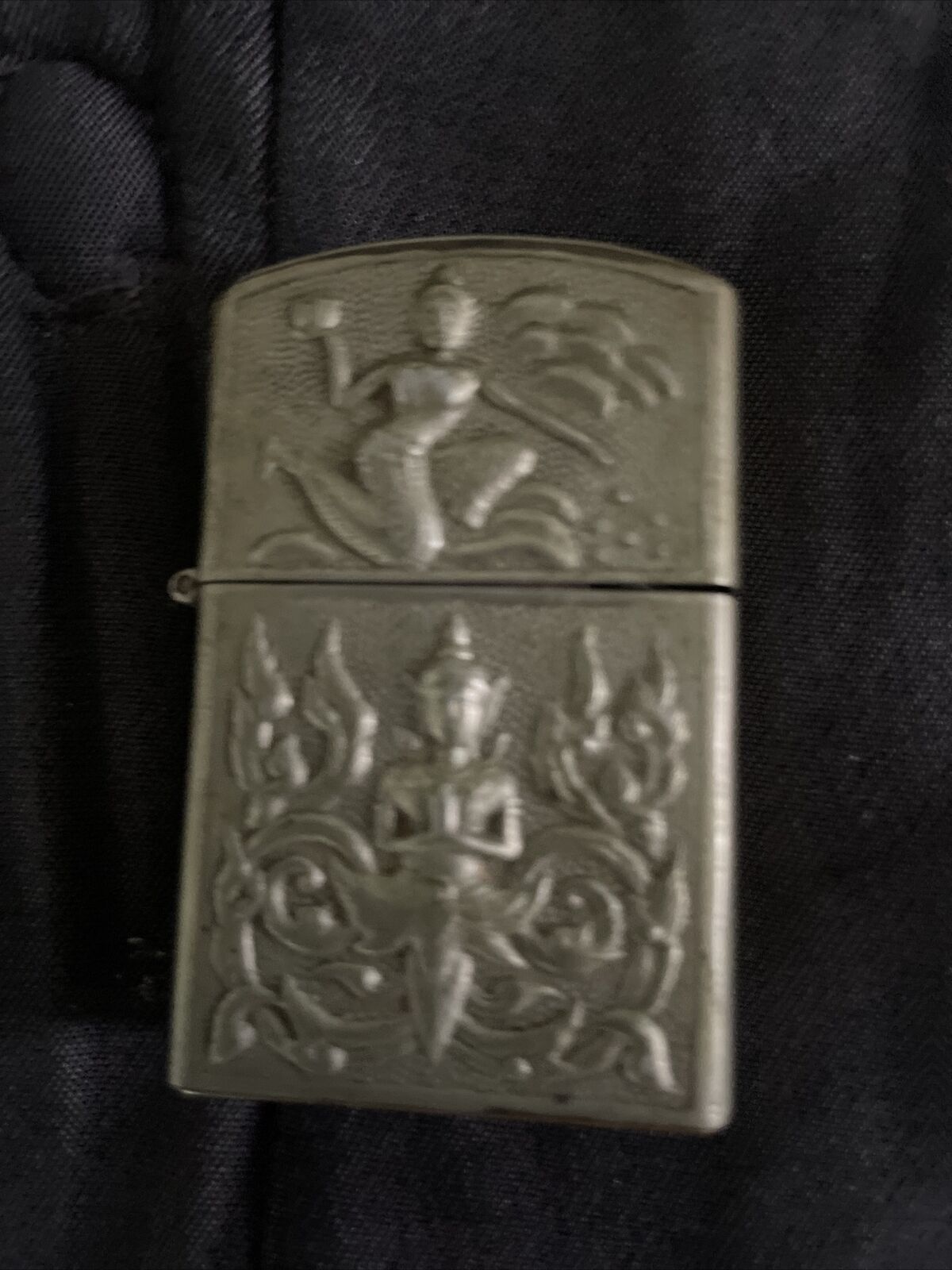 Vtg SIAM Sterling Silver Flip Top Lighter Case with Zippo Insert Hindu Gods 3D