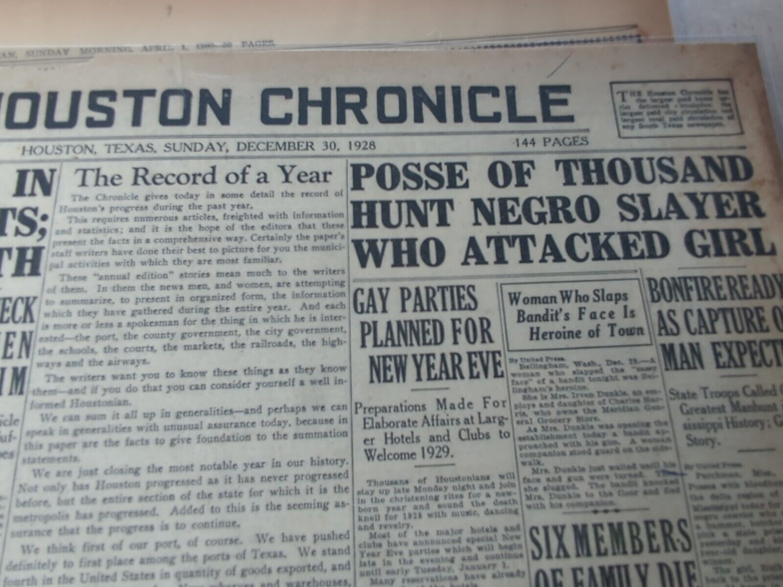 DEC 30, 1928 NEWSPAPER #J8241-  POSSE OF THOUSAND HUNT SLAYER IN MISSISSIPPI 