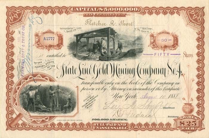 State Line Gold Mining Co. No. 4 - Stock Certificate (Uncanceled) - Mining Stock
