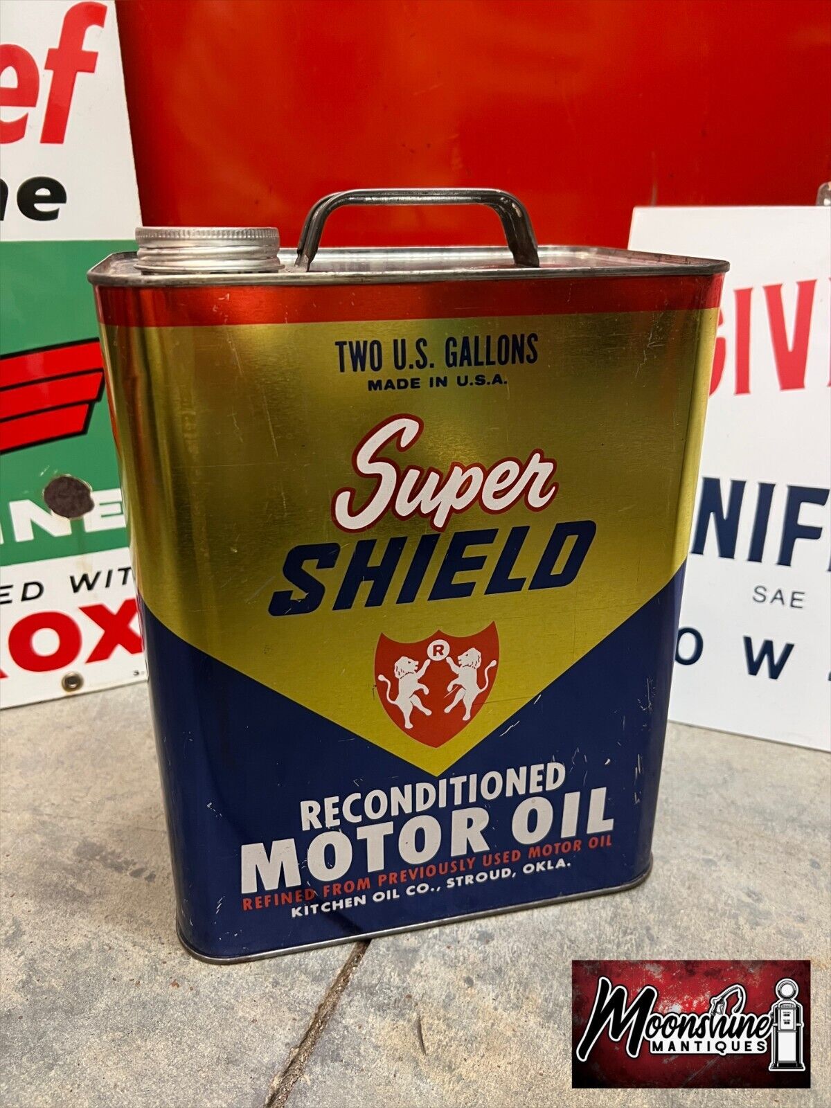 Vtg. SUPER SHIELD Motor Oil Can 2 Gallon - Gas & Oil