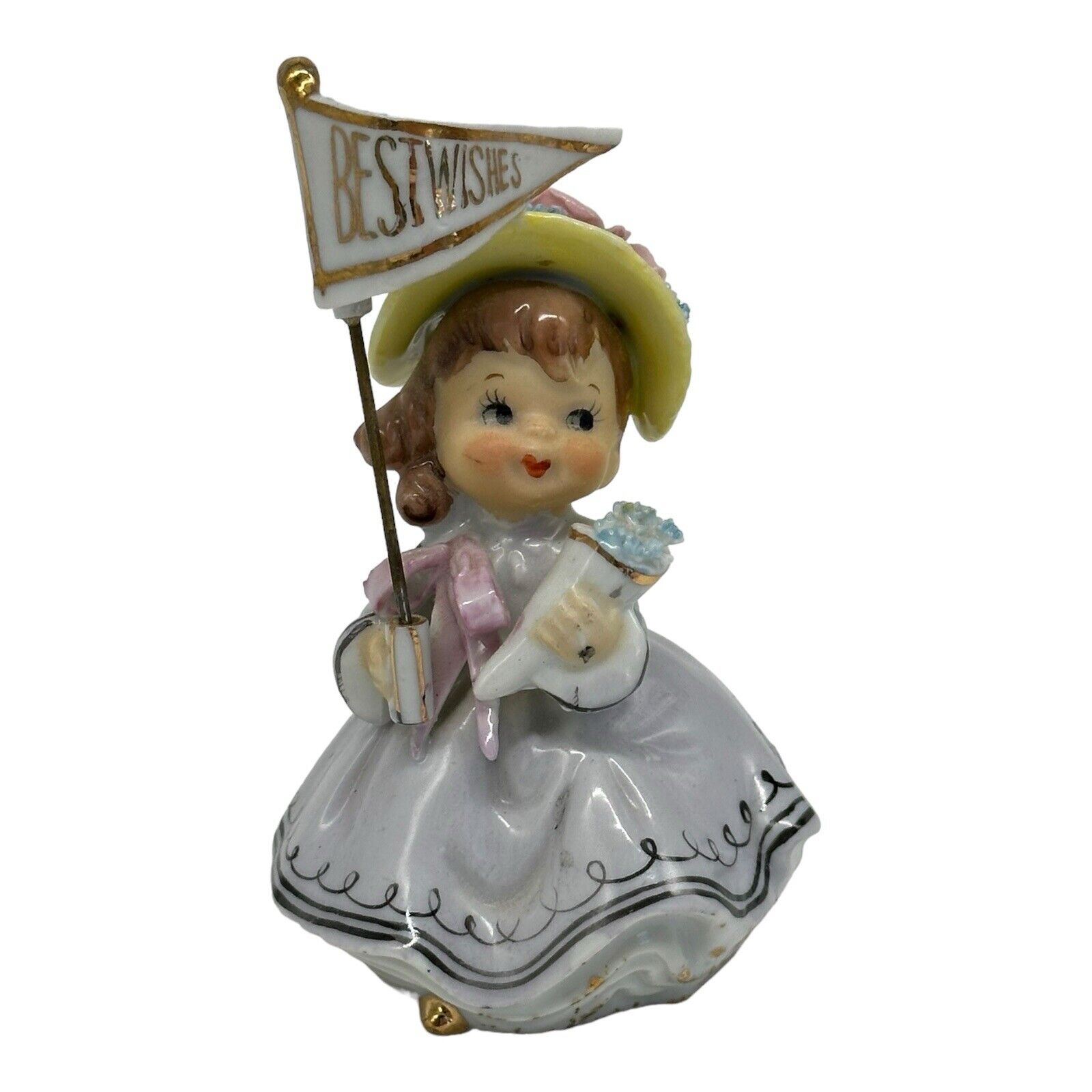 Vintage 1950s Girl  Best Wishes Flag Lady Figurine  C163  Porcelain  4.25” Tall