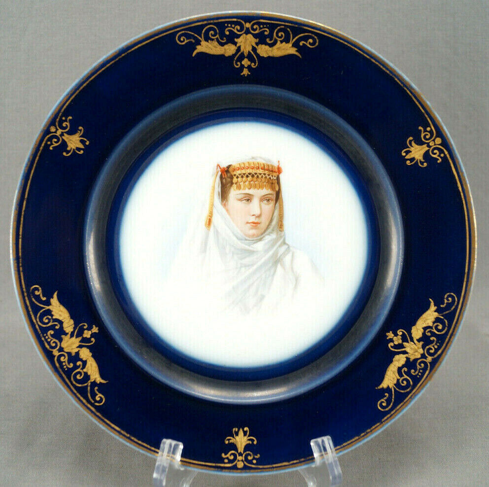 Sevres Hand Painted Woman in Beaded Headdress Cobalt & Gold Portrait Plate C1873