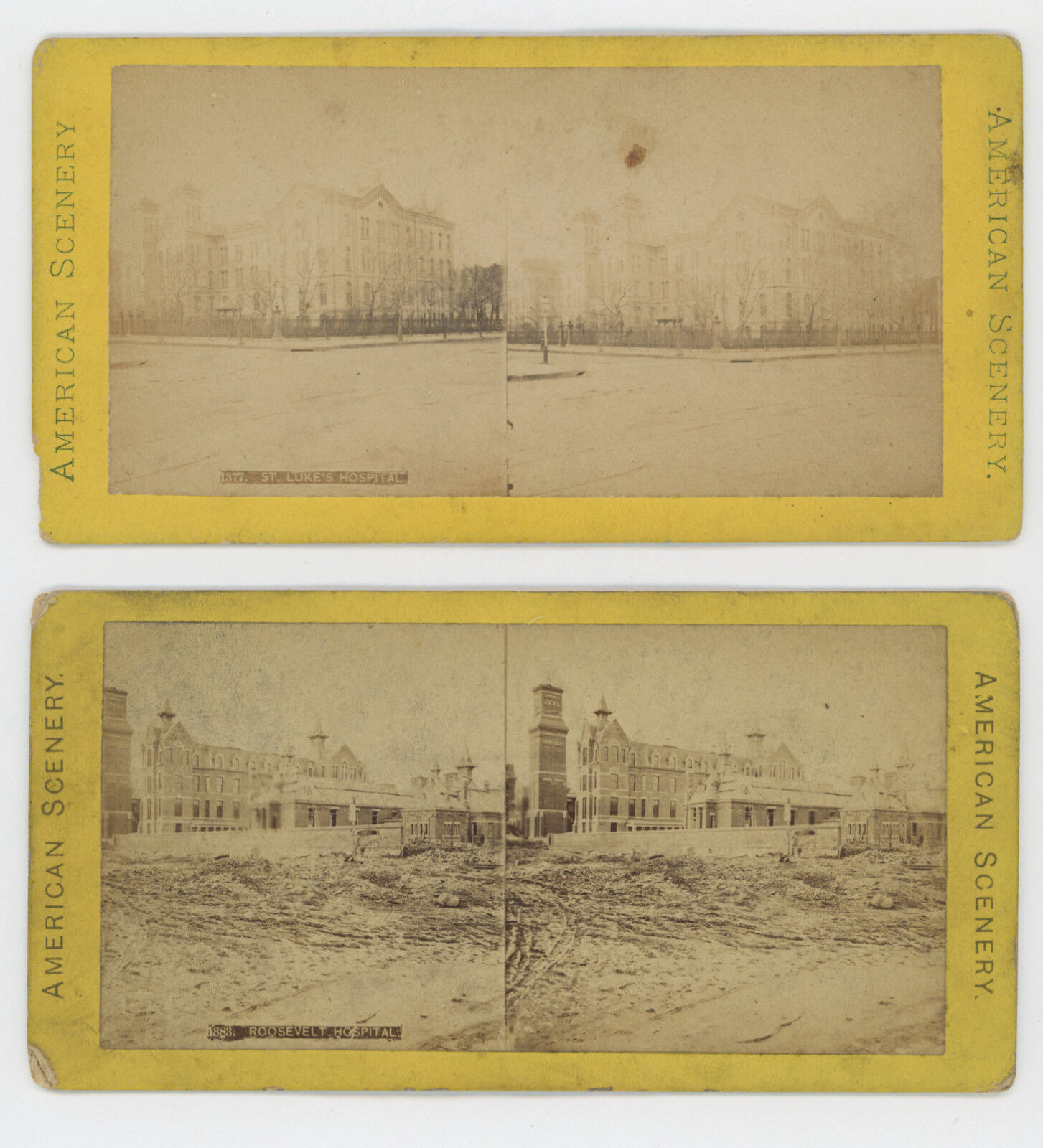 2 Stereoviews: NYC ROOSEVELT & ST. LUKE’S HOSPITALS AMERICAN SCENERY 1870s-1880s