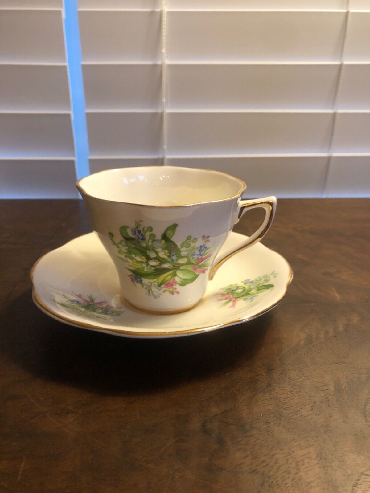 Crownford fine bone china teacup and saucer made in England Lily of the Valley