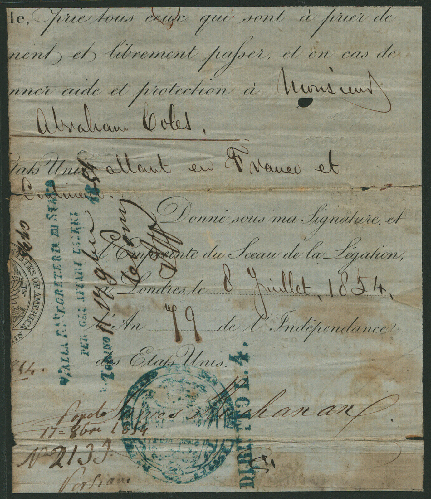 JAMES BUCHANAN - PRINTED DOCUMENT FRAGMENT SIGNED IN INK 07/08/1854
