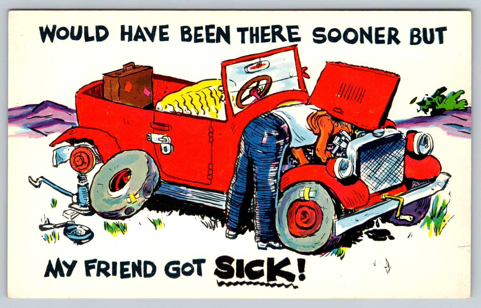 c1960s Mechanic Funny Comic Humor Broken Down Car Repair Vintage Postcard