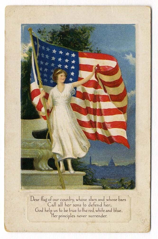 AMERICAN FLAG Woman Patriotic Postcard 1910 God Help Red White Blue Poem
