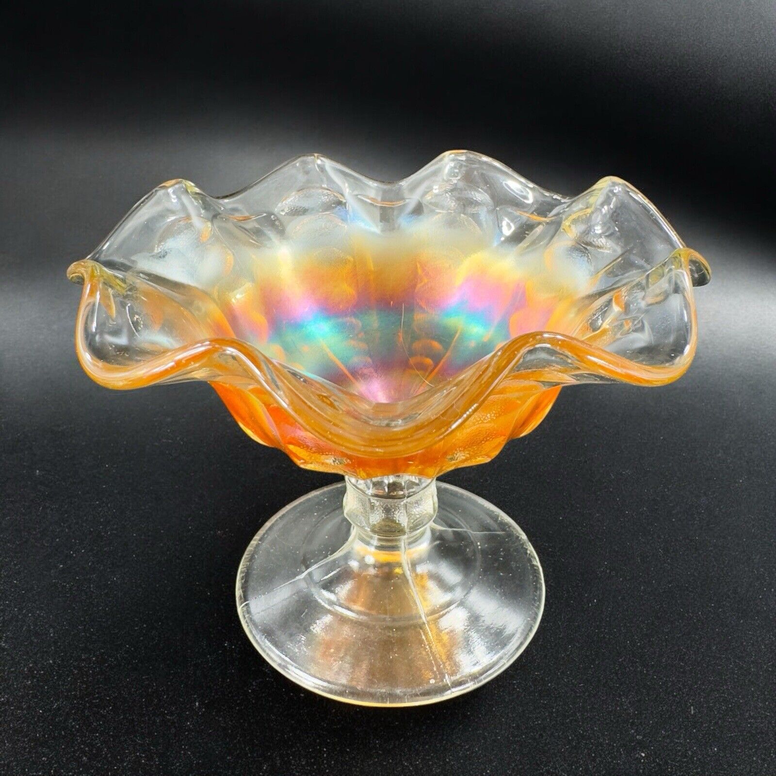 Vintage Carnival Glass Footed Dish Bowl Compote With Iridescent Center Marigold