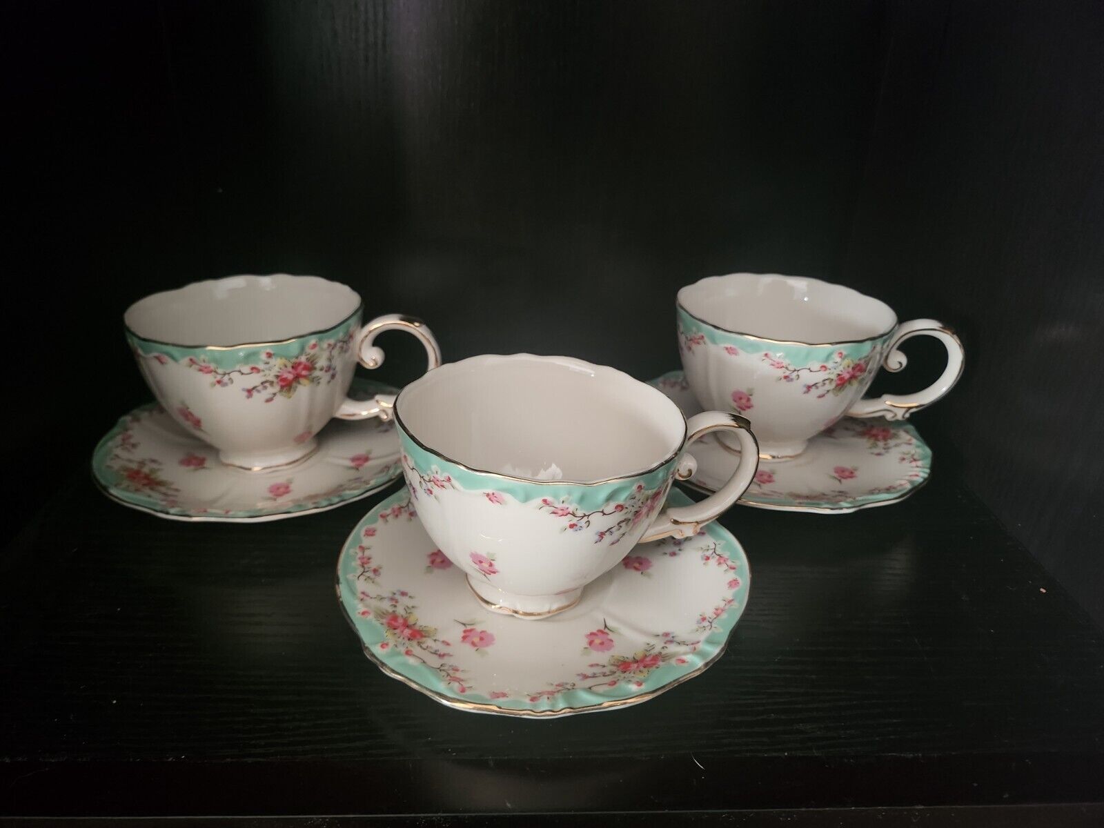 Vintage Gracie Green Rose Tea Cups with Saucers
