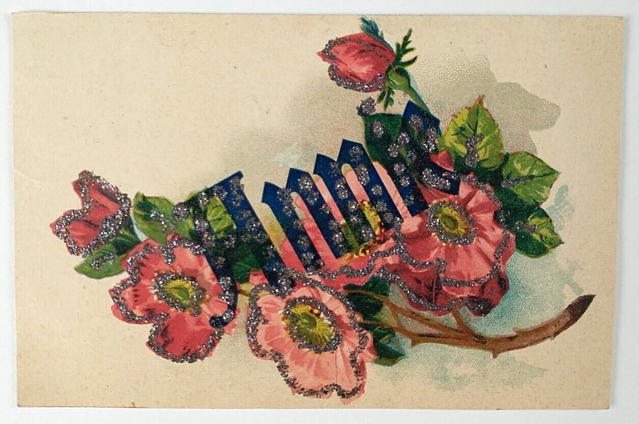 Postcard Glitter Name Annie Roses Antique C1910 Vintage 261