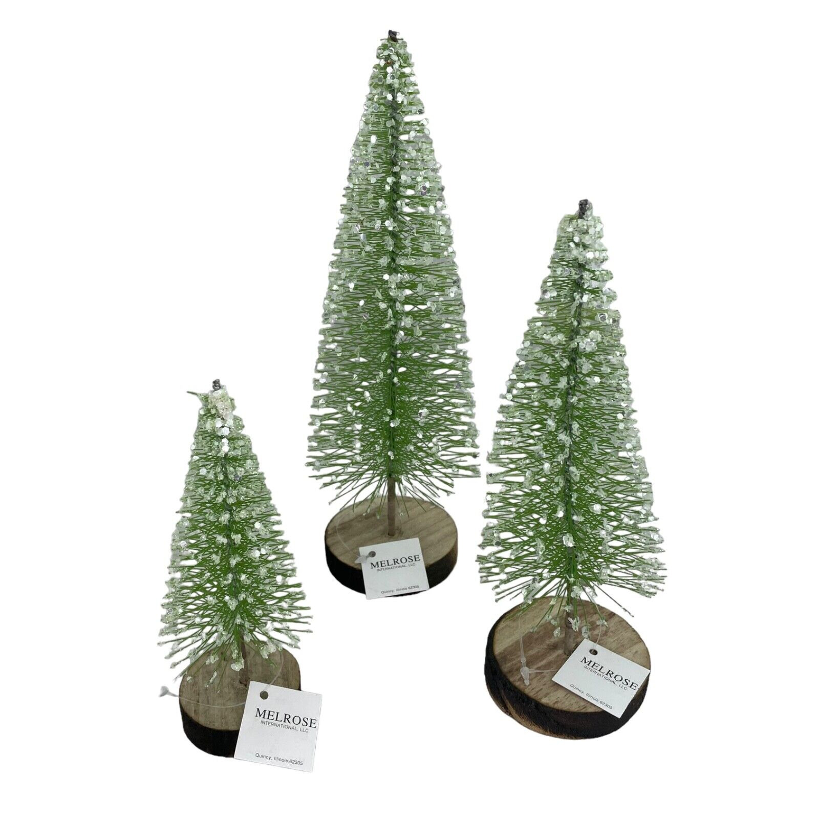 Lot of 3 Brush Trees Sparkling Snow Wooden Base Xmas Sizes 10 8 and 6 inch NEW
