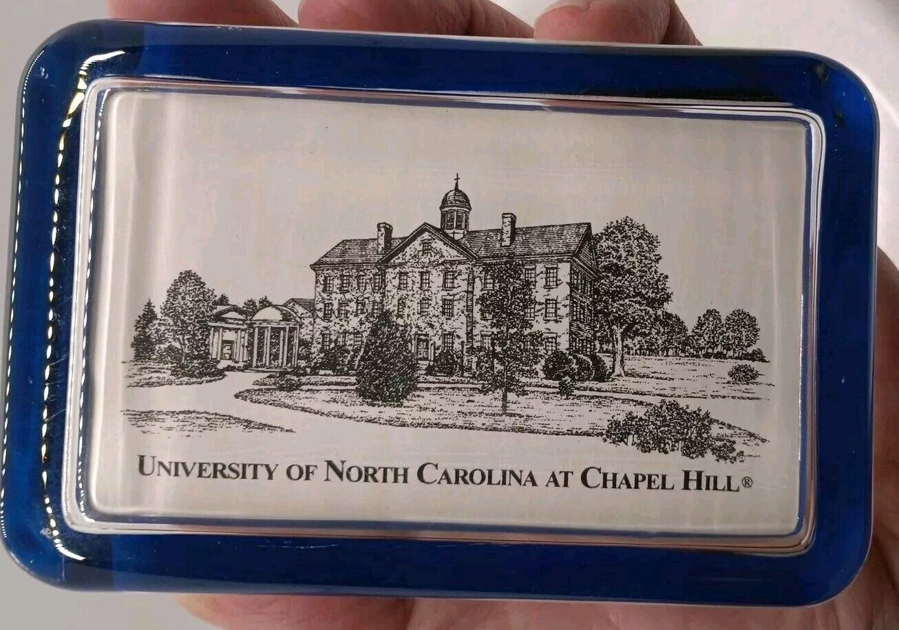 UNC Chapel Hill Paperweight. 4 x 2 3/4 Clear W/Blue B&W Print