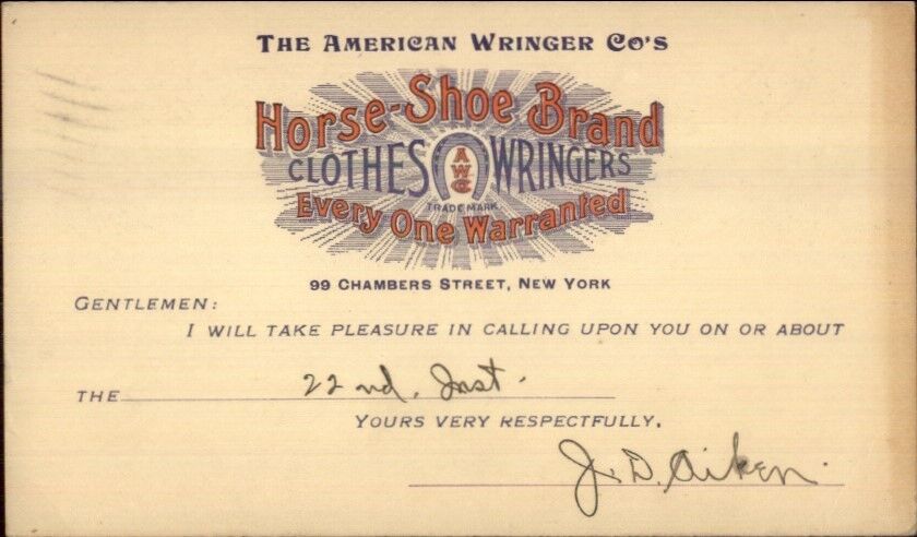 Illustrated Gov\'t Postal Card Old Horse-Shoe Clothes Wringers New York City