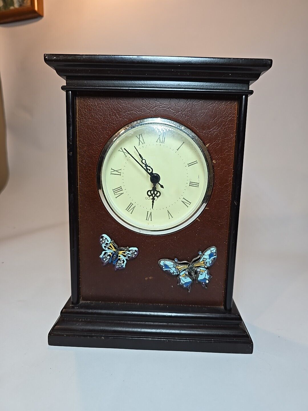 Wooden Quartz Mantel Clock Untested With Butterfly Accents