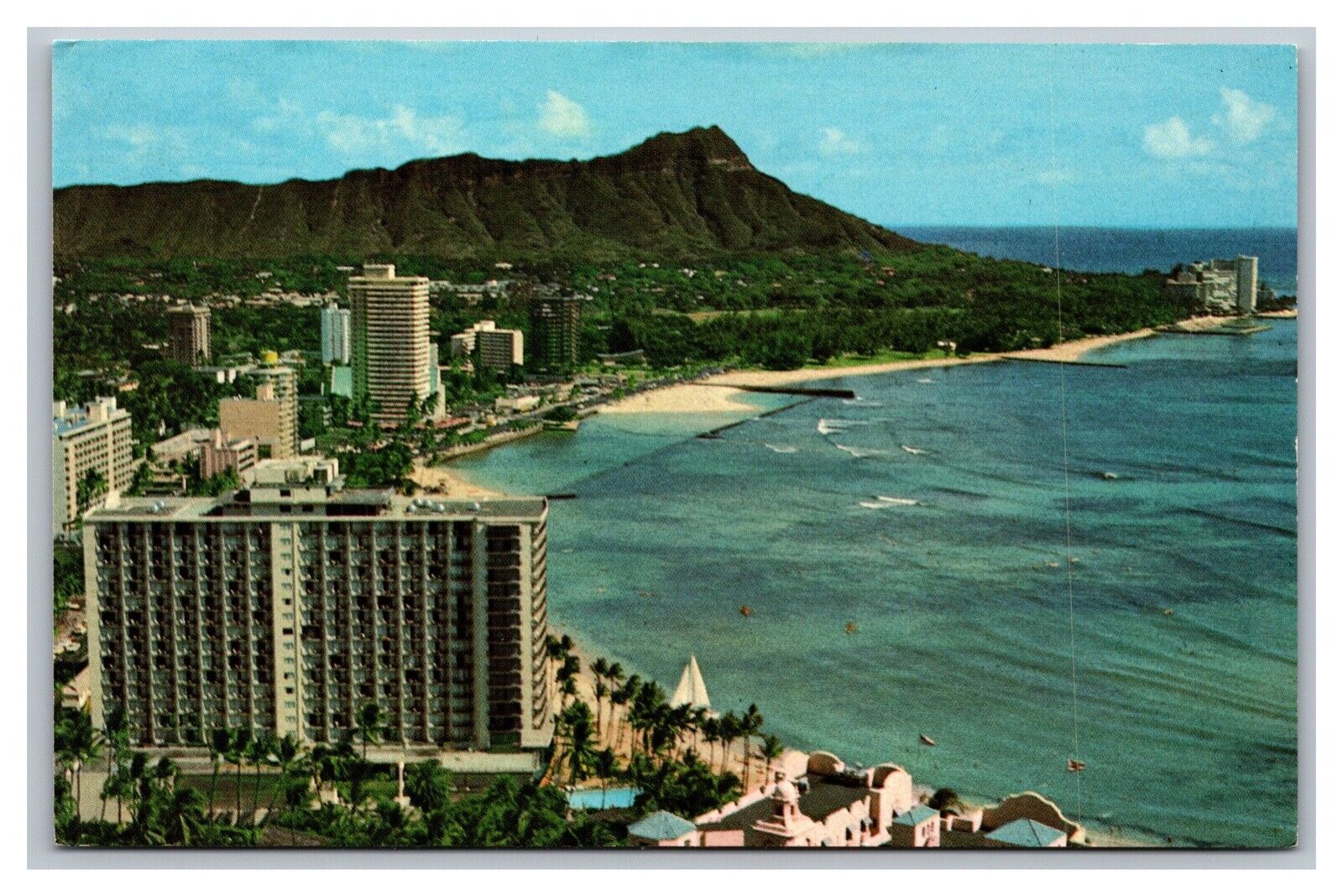 Honolu Hawaii Waikiki Beach Outrigger Hotel Diamond Head Aerial View Postcard