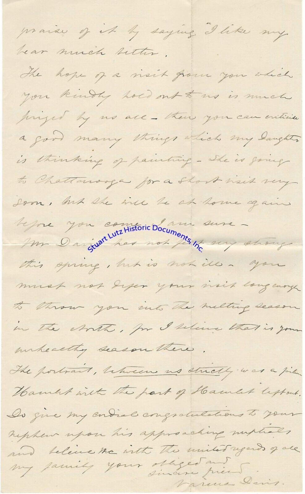 Varina Davis signed letter 1887 re sewing machine - Confederate First Lady