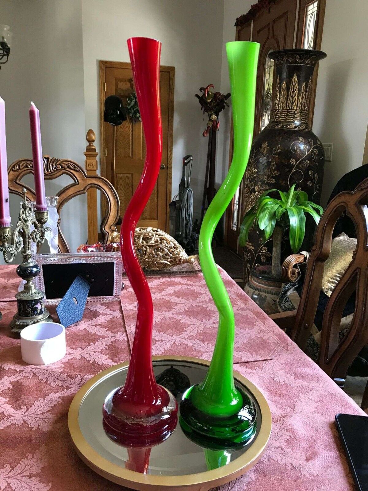 2 Art Glass Red/Green Swing Vase Twist  Goose Neck Norman Copenhagen 19.5”