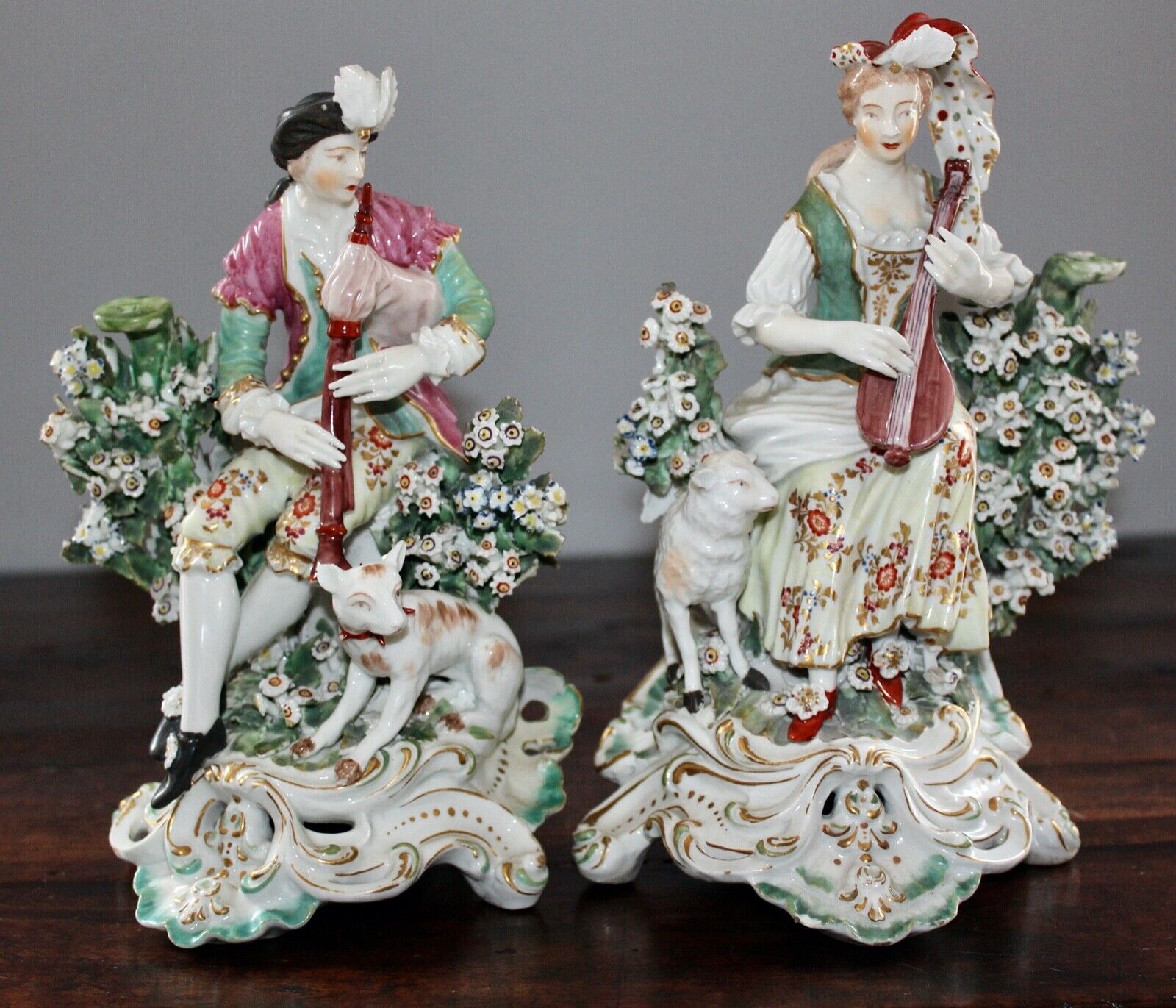 18TH C DERBY CANDLESTICK BOCAGE FIGURES: BAGPIPER & LUTE PLAYER VERY RARE
