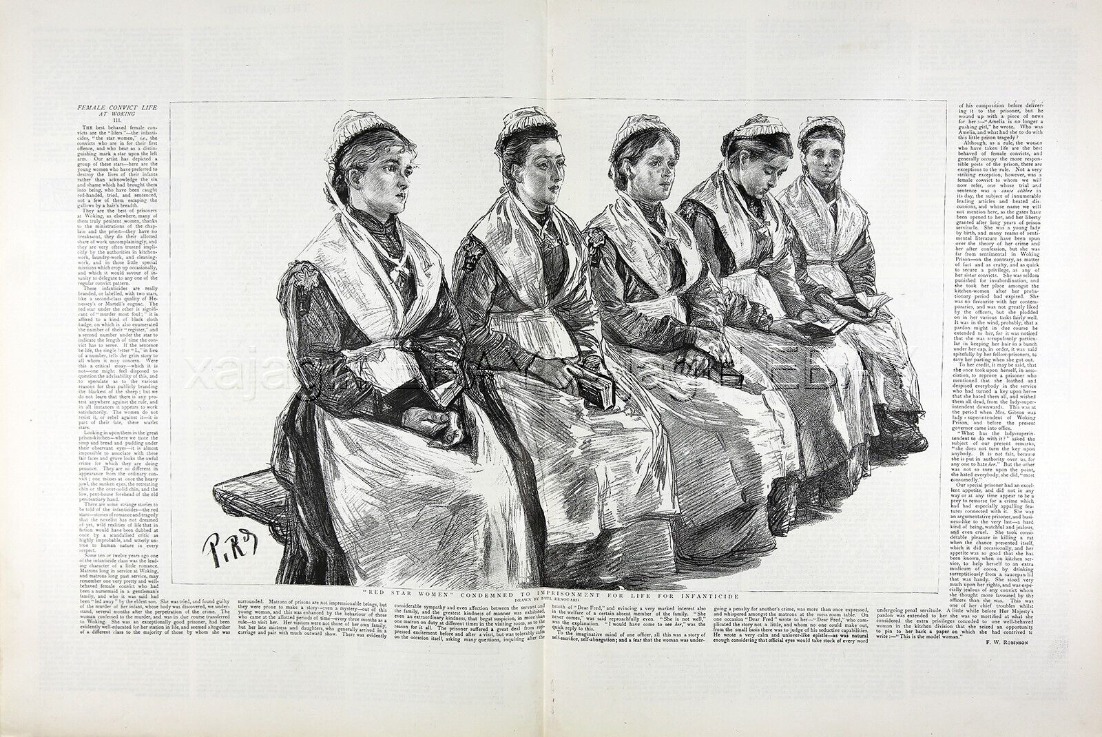 CRIME Women Murderers Jail Inmates, Woking, Huge 1880s Antique Print & Article