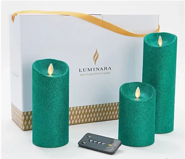 NEW  Luminara Set of 3 Glitter Pillars with Gift Box and Remote EMERALD GREEN