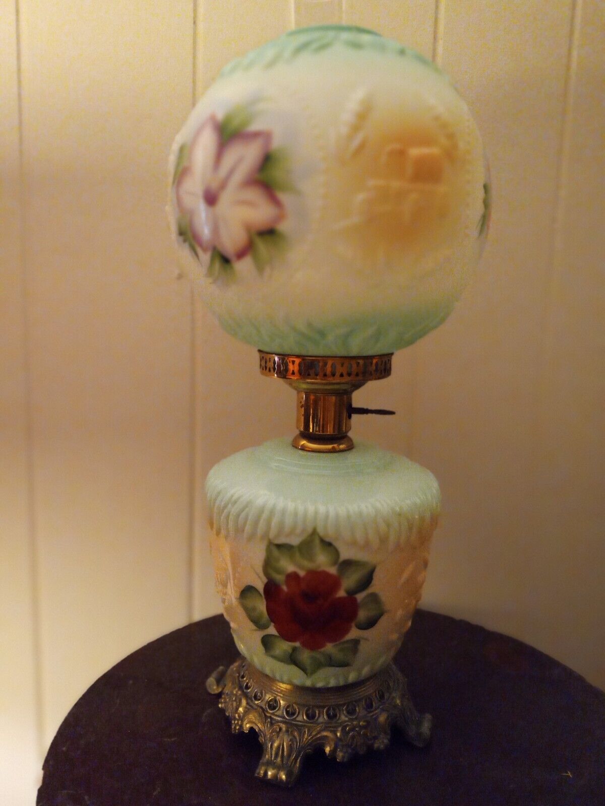 Antique GWTW Hand Painted Mint Green Floral w/ Puffy Covered Wagon Parlor Lamp 