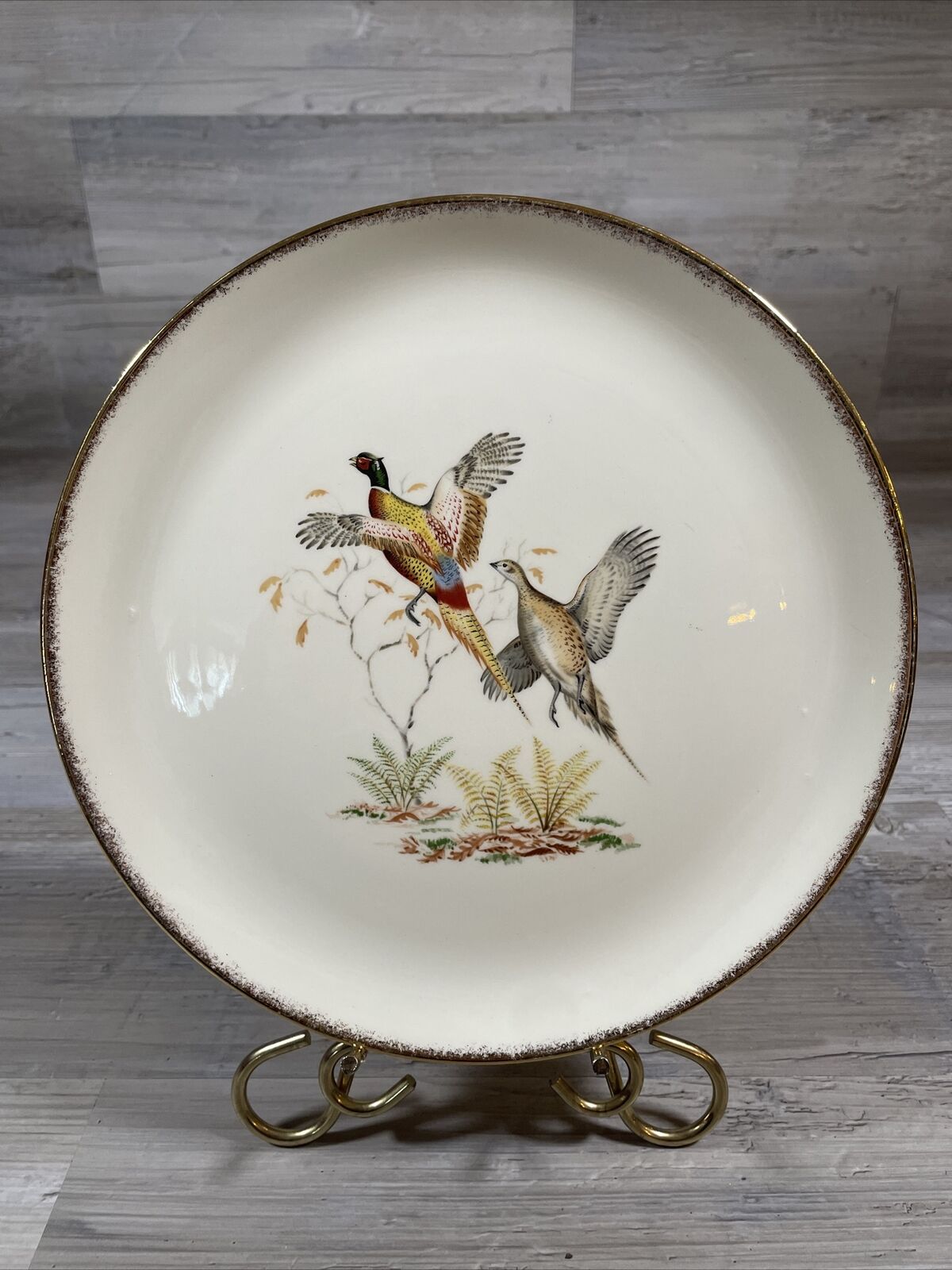 Vintage Crooksville Wildlife Pheasants Plate Hunting Dinner Lodge  Gold Trimmed