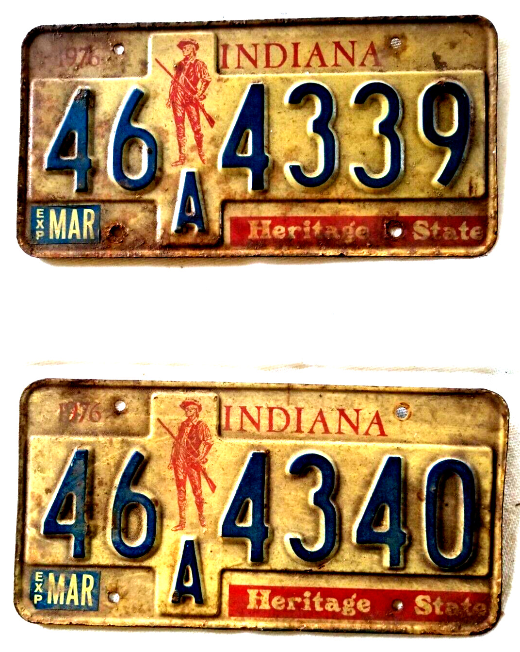 2 Consecutive Metal Indiana Expired License Plates 46A4339 & 46A4340 Mancave \'76