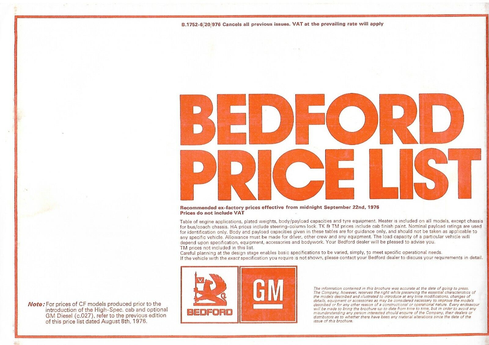 Truck Price List - Bedford - Commercial Vehicle Specifications Data 1976 (T3634)