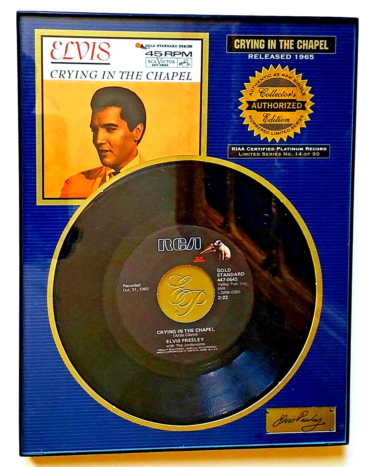 ELVIS Presley Crying in the Chapel 45RPM Record Framed COLLECTOR'S LTD EDITION