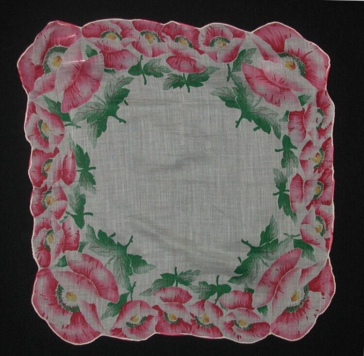 Beautiful Vintage Hankie Red Pink Roses Hand Rolled Scalloped Edge White Ground