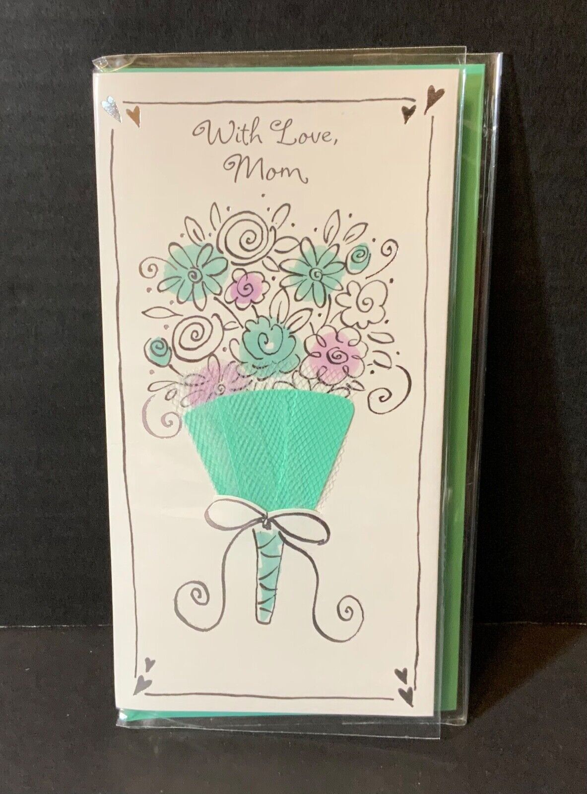 VTG Carlton Mother’s Day Card UNUSED Mom Blue Pink Bouquet Silver Trim Netting