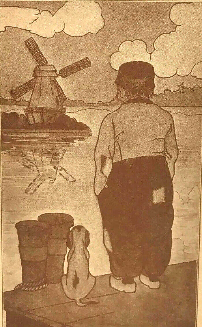 Antique Postcard Windmill Man Dog Lake Dock Drawing Art 6