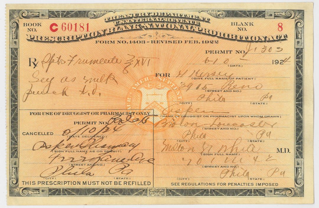 Prescription Form - dated 1923-1925 - National Prohibition Act - Americana - Bea