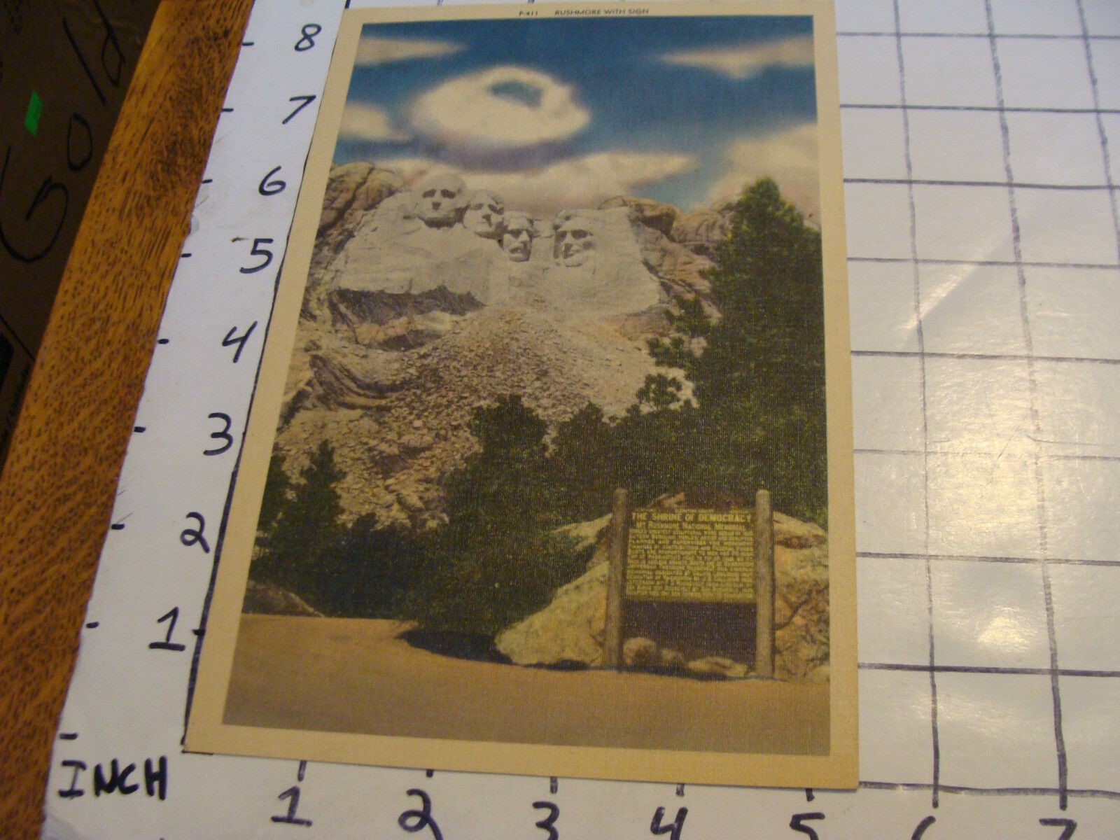 vintage Unused JUMBO postcard: Rushmore w sign