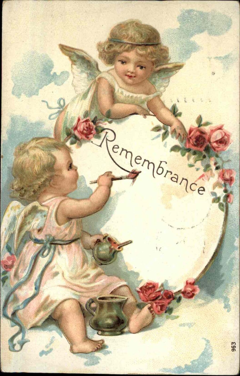 Art Nouveau Remembrance Sweet Little Girl Angels Painting Sign c1910 PC