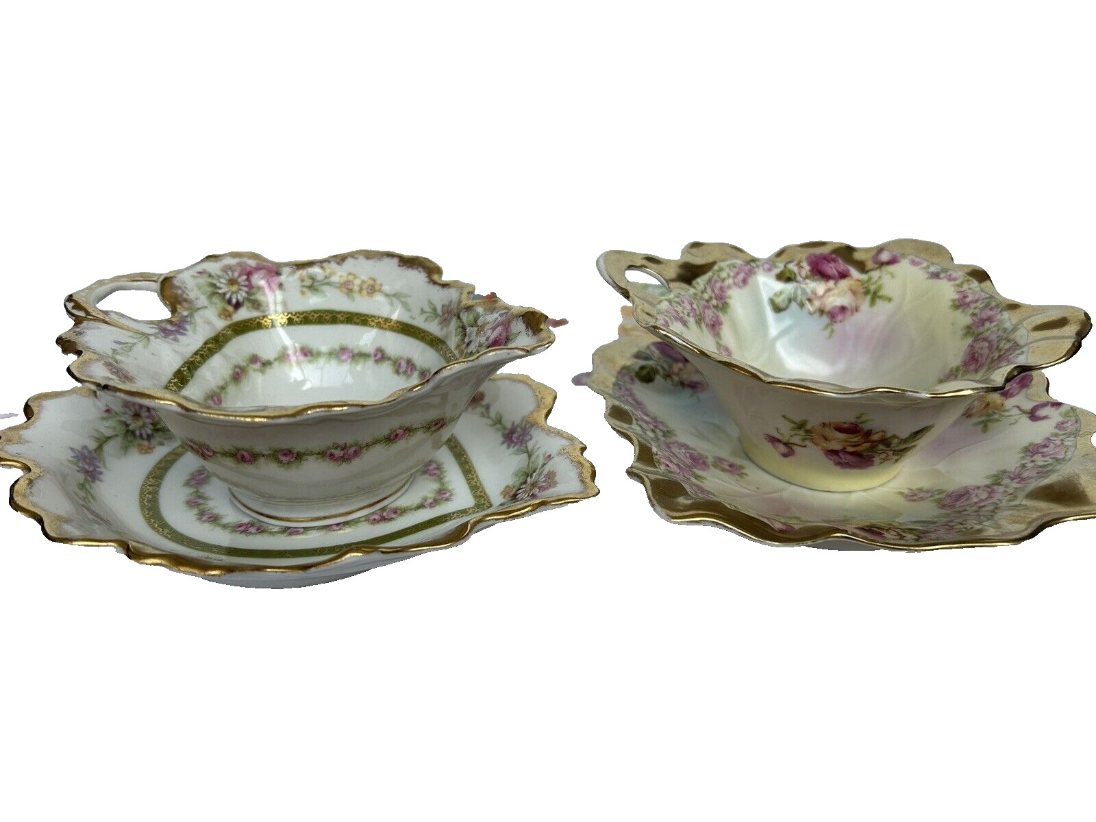 ELITE WORKS (LIMOGES) Floral Teacups &Saucers, 2 Sets