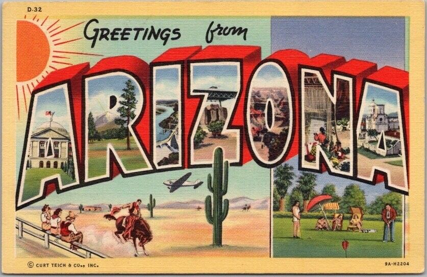 ARIZONA Large Letter Postcard Dude Ranch Scene / Curteich Linen - 1949 Cancel