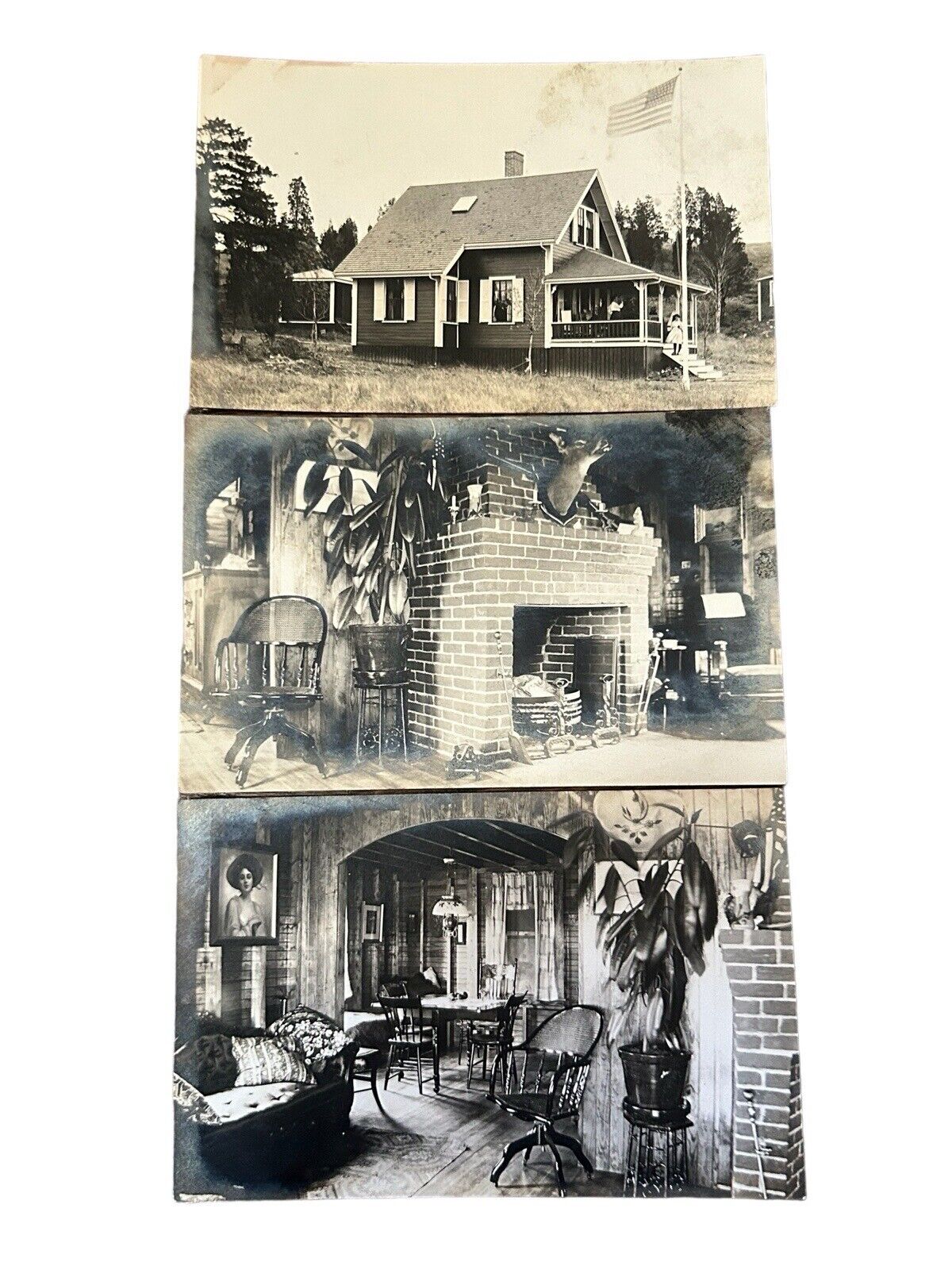 c1910 Lot of 3 RPPC House American Flag Deer Trophy Interior Real Photo P176