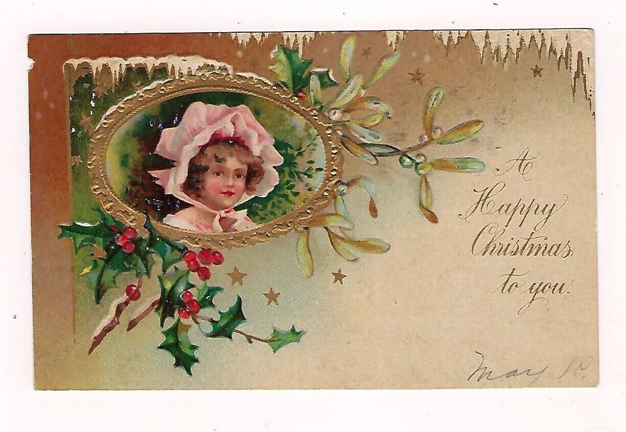 Vintage 1907 Christmas Postcard #776 Girl in Cameo Embossed Posted