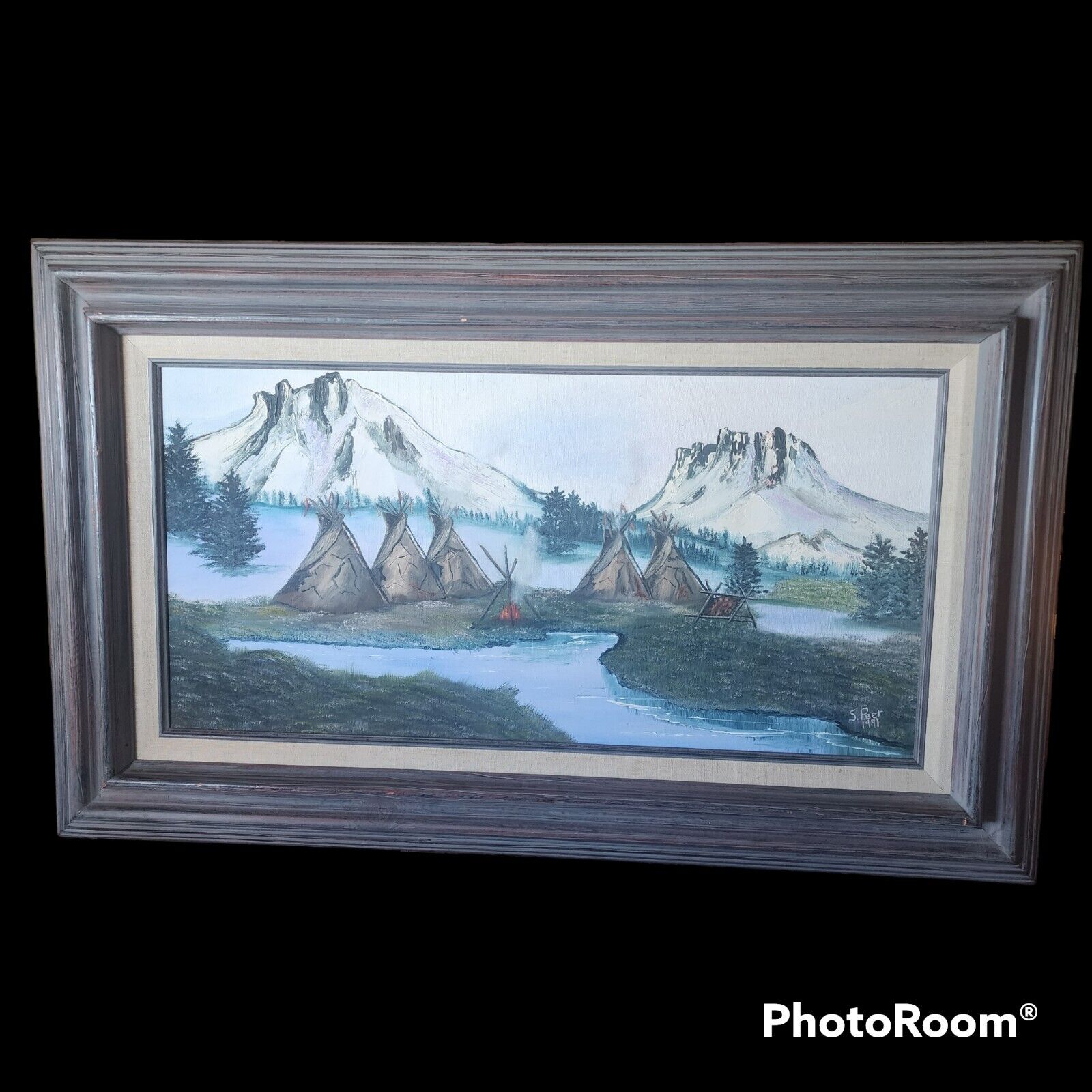 Vintage Painting. Native American Tipi\'s Under Snowy Mountains. Stunning
