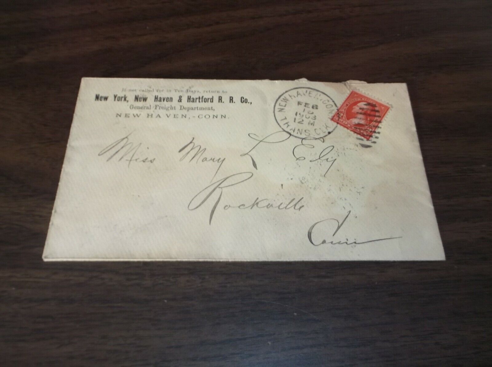 FEBRUARY 1903 NEW HAVEN RAILROAD GENERAL FREIGHT DEPT.  USED COMPANY ENVELOPE