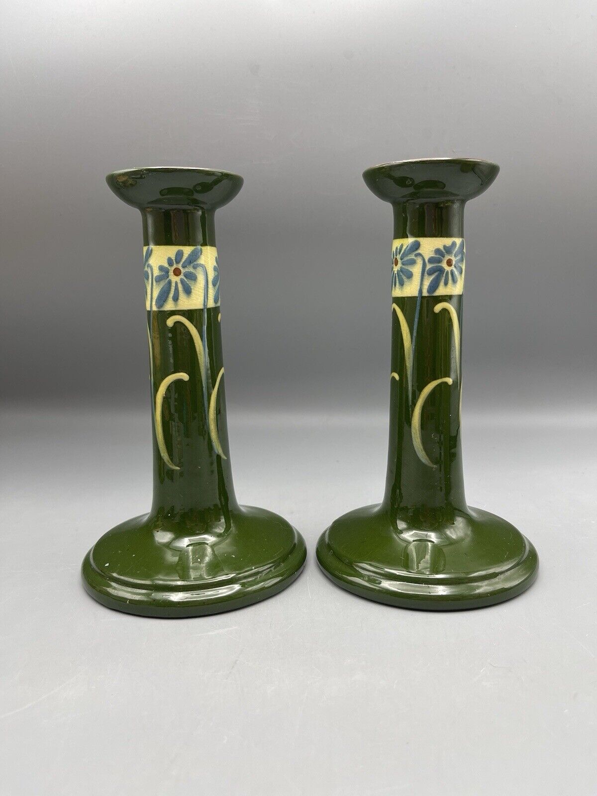 Antique Hart And Moist Exeter Pottery Candlesticks Arts and Crafts Design