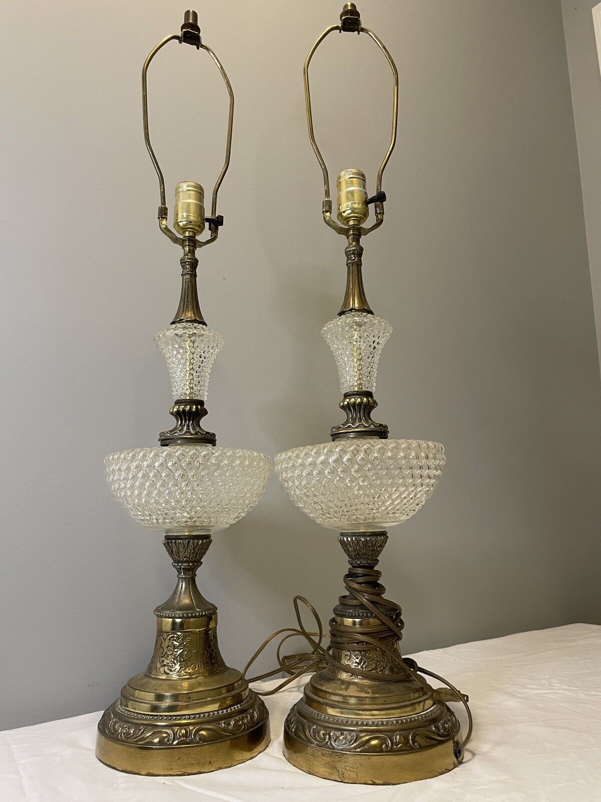 Two Matching, Gorgeous Cut Glass & Brass  Plate Electric Lamps Hollywood Regency