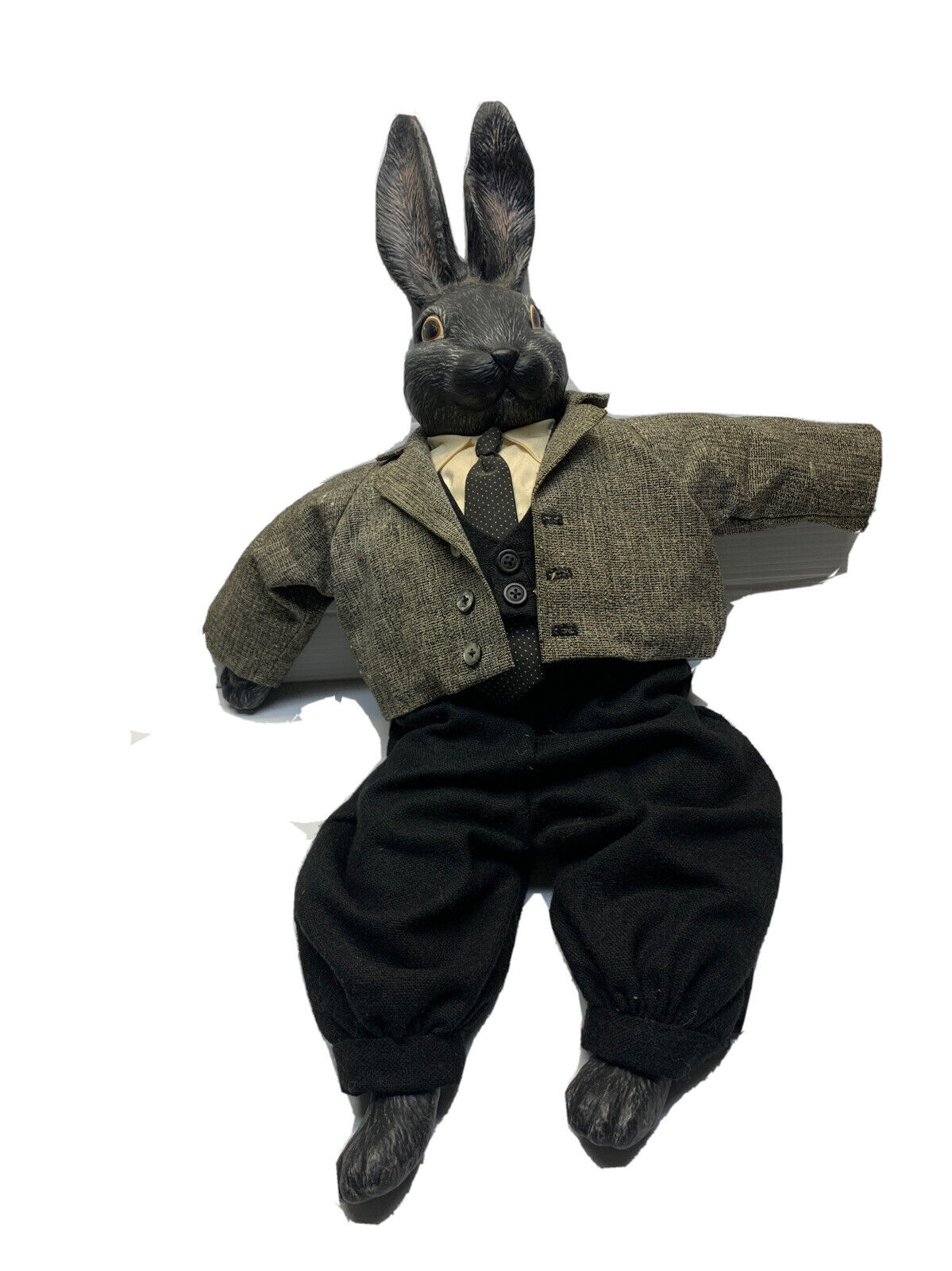 Vintage Stuffed Rabbit Blavk Clay/Ceramic Head, Hands & Feet, Tweed Style Suit.