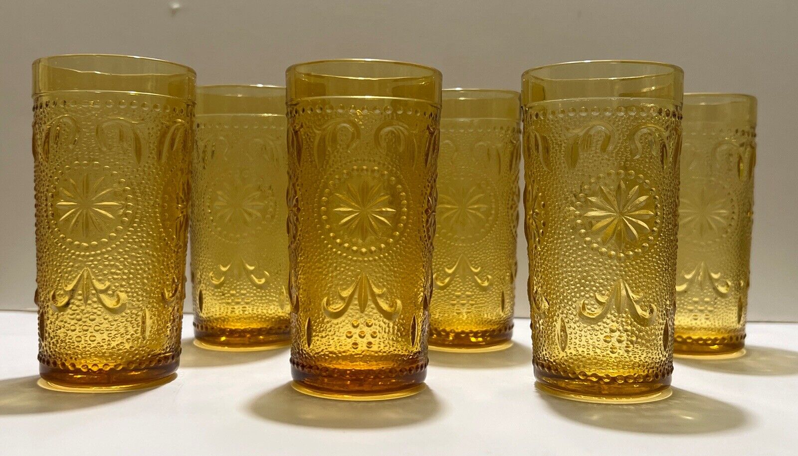 Vintage Amber Juice Glasses Set Of 6 American Concord Brockway Daisy Design 4oz