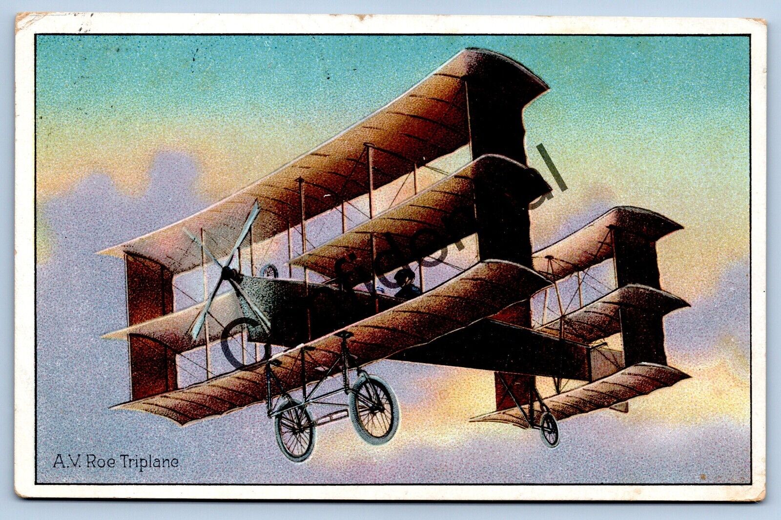 Early Embossed Three Wing A.V. Roe Triplane Early Aviation Tuck\'s Postcard G17