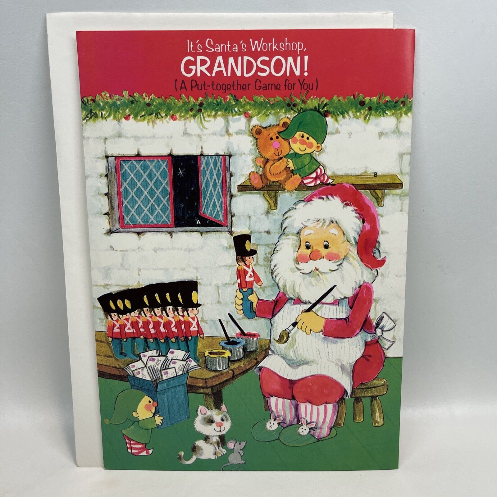 Vtg Grandson Christmas Greeting Card Santas Workshop Play Card Envelope Large
