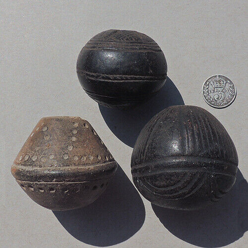 3 large old antique clay terracotta african beads nigeria #9