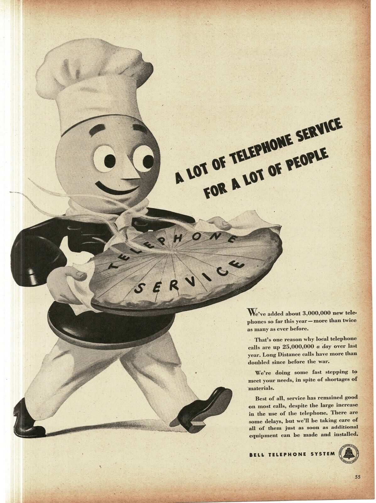 1946 Bell Telephone Mascot Chef serves service pizza pie Vintage Print Ad