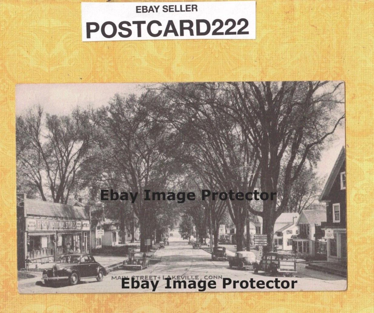 CT Lakeville 1930-40s era vin postcard MAIN ST FIRST NATIONAL STORE & OLD CARS